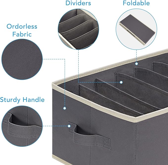 3 Pcs Large Size Wardrobe Clothes Organizers 6 Grids for Pants, Jeans, Sweater, T-shirt, Dress Stackable Closet Drawer Organizer Storage Bin Container with Sturdy Handles, Dark Grey-NeatNest