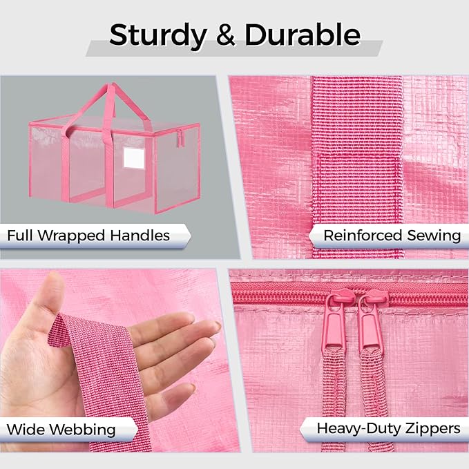 8 Pack Extra Large Heavy Duty Moving Bags, Pink Storage Bins with Lids, Reinforced Handles & Heavy-Duty Zippers Moving Boxes Storage Bags Totes for Clothes Packing, Dorms, College Supplies, Pink