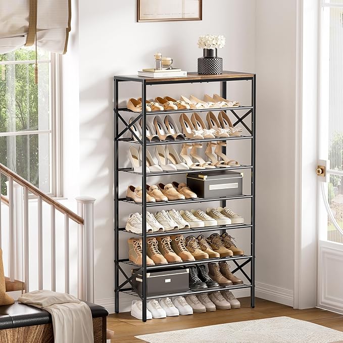 8-Tier Tall Shoe Rack Organizer Shoe Storage for Entryway 24-32 Pairs Metal Shoe Rack for Closet Heavy-Duty Shoe Rack with Wooden Top Shelf for Garage Rustic Brown-NeatNest