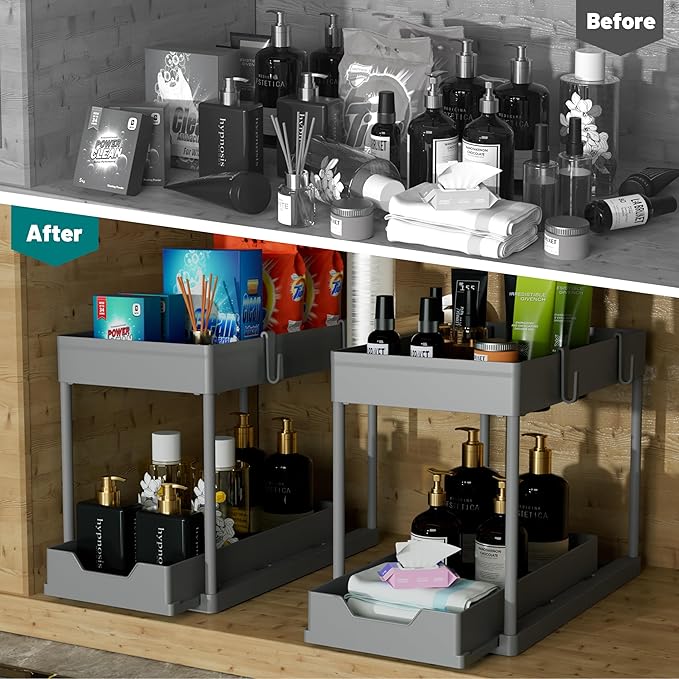 Under Sink Organizer 2 Pack,Bathroom Cabinet Organizer,2 Tier Sliding Cabinet Basket Organizer Drawer, Multi-Purpose Bath Collection Baskets for Bathroom (Grey)-NeatNest