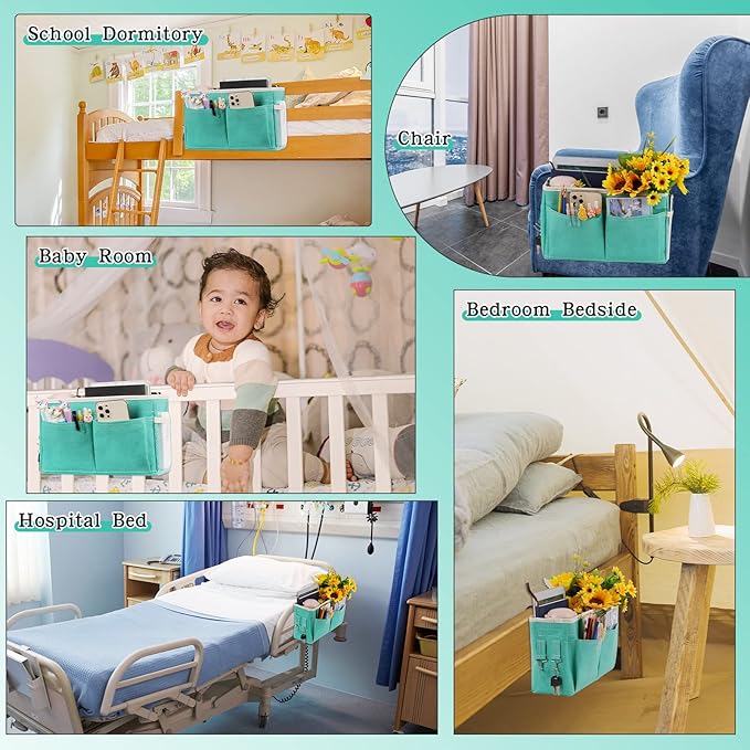 Bedside Caddy Bedside Storage Organizer Hanging Bunk Bed Dorm Room with Side Pockets for Water Bottles, Books, Cell Phones, Headphones 2 Pack (Light Blue)-NeatNest