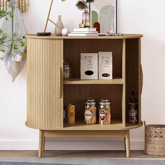 31" Small Sideboard Buffet Cabinet with Storage, Sliding Doors, Wooden Narrow Accent Storage Cabinet, Modern Buffet Table for Kitchen, Living Room (Wood)