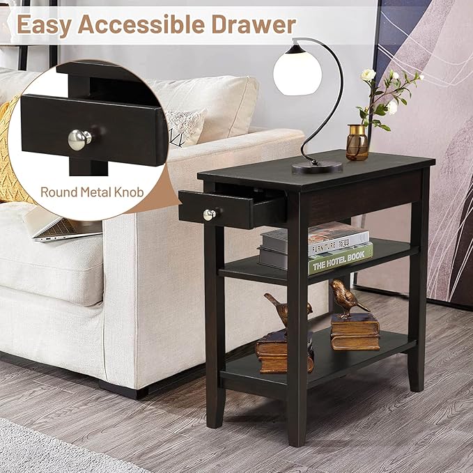 Giantex Set of 2 End Table with Drawer, Narrow Side Table with 2-Tier Open Storage Shelves, Slim Compact Bedside Nightstand for Living Room Bedroom Small Space, Espresso