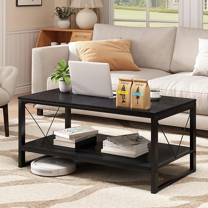 Rectangle Coffee Table Tea Table with Storage Shelf, Farmhouse Wooden Coffe Table for Living Room Table, 40" Rustic Center Table 2-Tier Minimalist Coffee Table Easy Assembly (Black)-NeatNest