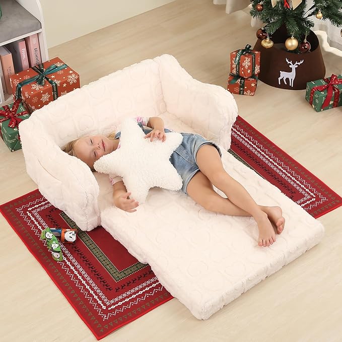 Extra Wider Seating Toddler Couch, 2-in-1 Toddler Soft Couch Fold Out with Star Pillow, Convertible Sofa to Lounger for Girls and Boys, Cream Heart-NeatNest