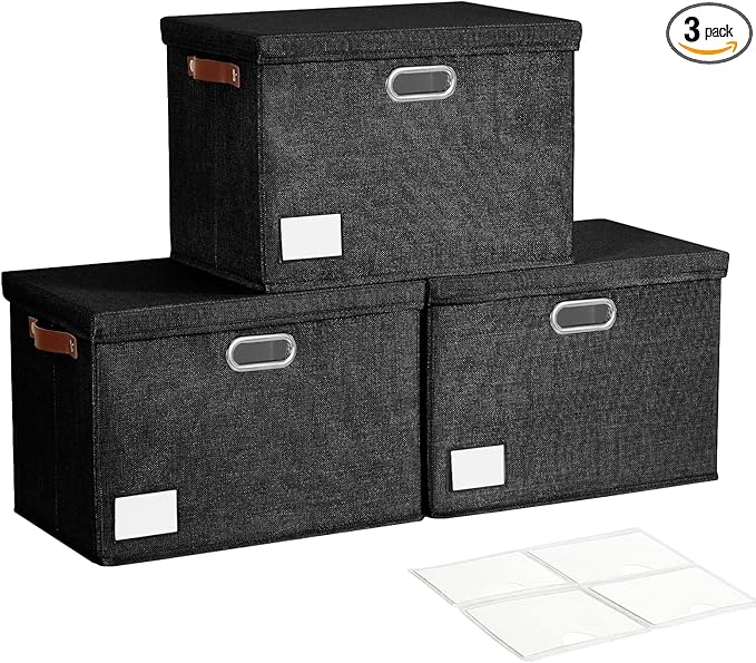 17" Large Collapsible Storage Bins with Lids, Stackable Closet Organizers with PU Handle and Labels, 3-Pack Decorative Fabric Storage Boxes for Home, Bedroom, Closet, Office, Nursery(Black)-NeatNest