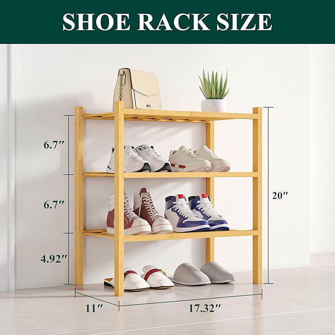 Smiry Shoe Rack, 3 Tier Small Bamboo Shoe Organizer, Stackable Free Standing Wooden Shoe Storage Shelf for Closet, Entryway, Front Door Entrance, Natural-NeatNest