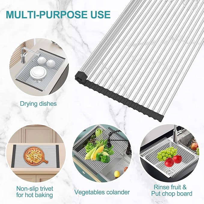 BBXTYLY Extra Large Expandable Roll Up Dish Drying Rack,Over The Sink Drying Rack Sink Cover Kitchen Sink Accessories Kitchen Rolling up Stainless Steel Drainer, Foldable,Rollable(Black,22.8''-17'')