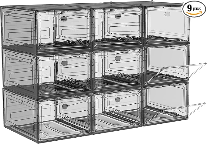 9 Pack Shoe Organizer, Upgrade Harder Solid Plastic Shoe Storage, Shoe Boxes Clear Plastic Stackable, Sneaker Storage, Shoe Organizer for Closet, Shoe Display Case, Black-NeatNest