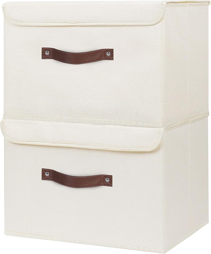 ANMINY 2PCS Storage Bins with Lid PU Leather Handles Storage Boxes PP Plastic Board Decorative Foldable Lidded Cotton Linen Fabric Home Cubes Baskets Closet Organizer Containers - Beige, Large Size-NeatNest
