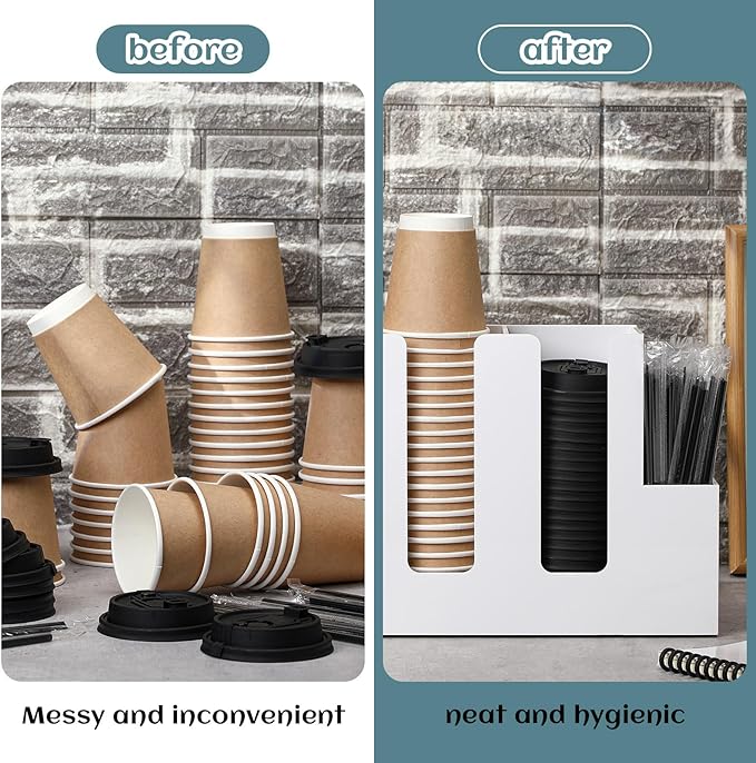 Cunhill 4 Compartments Acrylic Coffee Cup and Lid Storage Organizer Holder Disposable Paper Cup Dispenser Organizer Plastic Lid Holder Accessories for Kitchen Bar Shop Party Supplies (White)-NeatNest