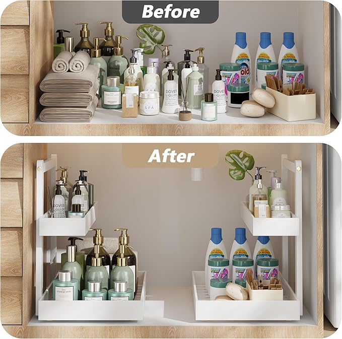 Bamboo Under Sink Organizer and Storage, 2 Tier Pull Out Cabinet Organizer, Slide Out Under Sink Storage Shelf, Undersink Organizers Shelves for Kitchen Bathroom Organization (White, 1 Pack)-NeatNest