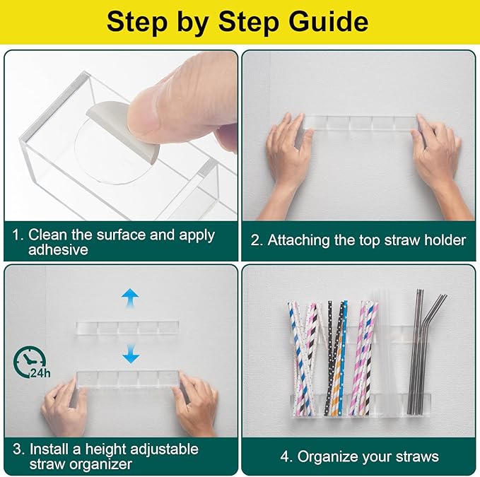9.5” Large Acrylic Straw Holder for Cabinet Door, Reusable Straw Cabinet Organizer with Double-Sided Adhesive Tape for Kitchen Counter Cupboard (Transparent)