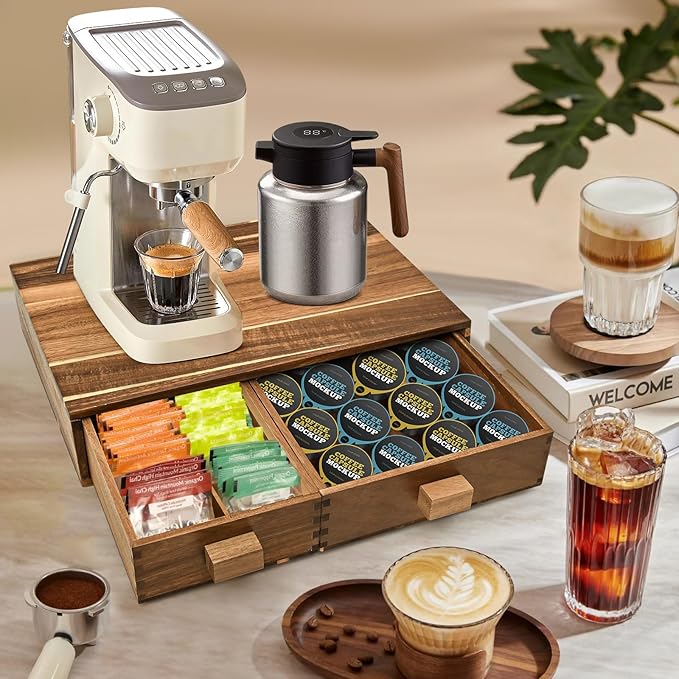 Acacia Wood K Cup Holder,Coffee Pods and Tea Bag Storage Organizer,with Two Drawers Kcup Holders for Counter,Multi-Functional Coffee Maker Stand-NeatNest
