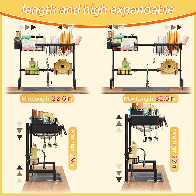 ADBIU Over The Sink Dish Drying Rack (Expandable Height and Length,22.6" - 35.5" L) Snap-On Design 2 Tier Large Dish Rack