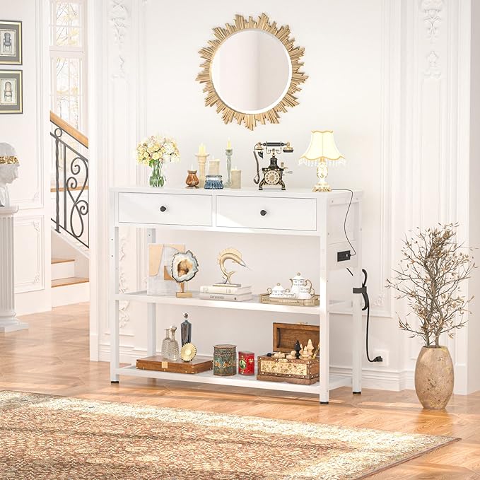 Ecoprsio Entryway Table with Outlets and USB Ports, Console Table with 2 Drawers, Small Sofa Table with Storage Shelves for Living Room, Couch, Hallway, Foyer, Kitchen Counter, 32'', White-NeatNest