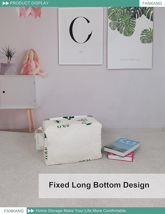 FANKANG Storage Basket,Nursery Hamper Canvas Laundry Basket Foldable with Waterproof PE Coating Storage, Office, Bedroom, Clothes,Toys (L, Rec-Cactus)