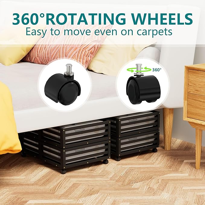 Bamboo Under Bed Storage Containers- Underbed Organizer with Wheels with Large Capacity Dust Bag,Sturdy Wood Rolling Under Bed Shoe Storage Organizer 2 Packs (Black, 2 Packs (23.62"×16.54"))-NeatNest