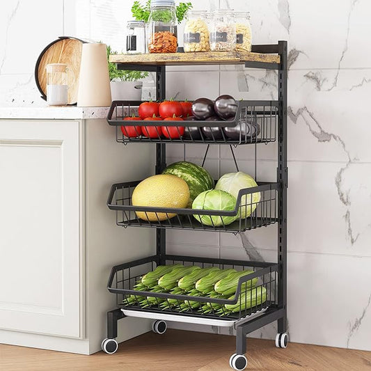 COVAODQ Fruit Basket 4-Tier Adjustable Fruit Vegetable Basket Cart Metal Wire Storage Cart Rolling Pantry Utility Kitchen Cart-NeatNest