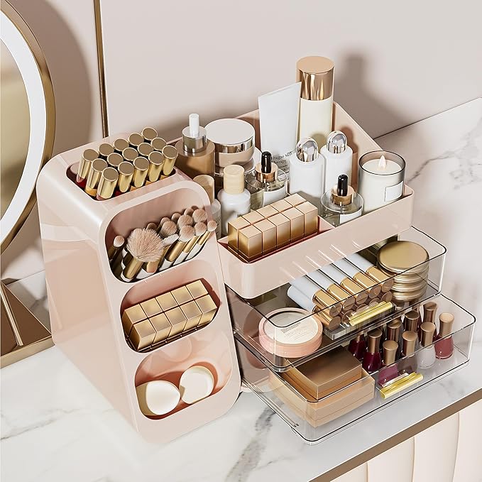 Delamu Makeup Organizer with Drawers for Vanity, Spacious Cosmetic Display Case with Makeup Brush Holder, Perfect Vanity Bathroom Organizer and Storage Solution for Skincare & Beauty Essentials, Pink