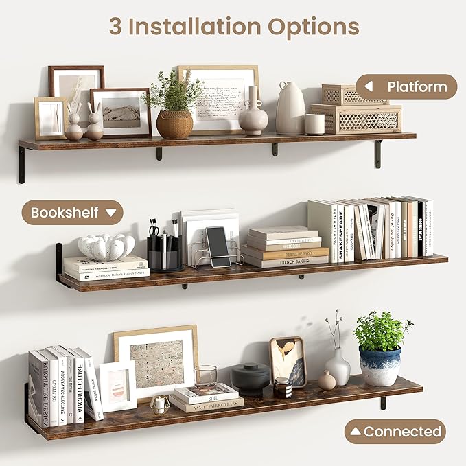 Fun Memories Deep Floating Shelves, 55W x 8D Floating Shelves Set of 2, Wall Mounted Shelf with Metal Brackets, Rustic Wood Wall Shelf for Bathroom, Kitchen and Living Room, Rustic Brown-NeatNest