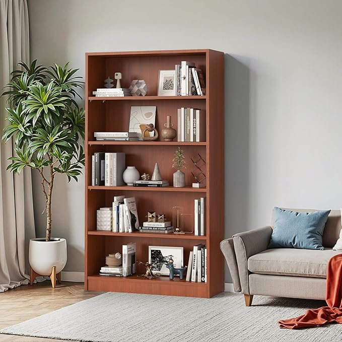 Farini 60 Inch Tall 5-Shelf Bookcase, Wood Bookshelf Storage Organizer Adjustable Shelf for Home Office, Study Room, Easy Assembly,Cherry