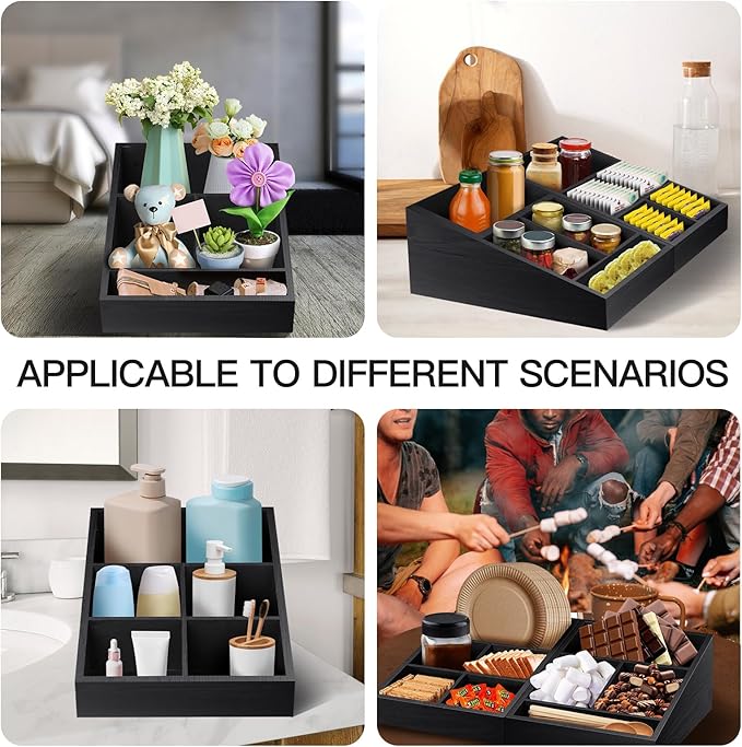 Coffee Station Organizer Coffee Condiment Service Tray with 9 Compartment for Counter, Wood Coffee Bar Supplies Organizer for Home Office Breakroom Two-in-One Black-NeatNest