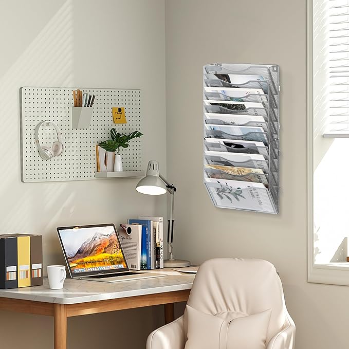 EasyPAG 10 Pocket Wall File Organizer, Silver | Metal Mesh Wall Mounted File Holder | Assembly Hanging Mail Organizer | Replaceable Classify Labels | Office Home Letter Size Paper Storage