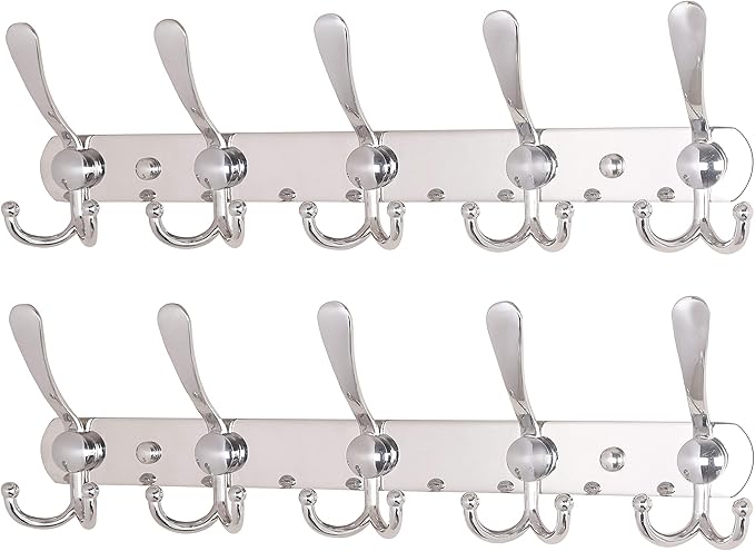 Dseap Wall Mounted Coat Rack - 5 Tri Hooks, Heavy Duty, Stainless Steel, Metal Coat Hook Rail for Coat Hat Towel Purse Robes Mudroom Bathroom Entryway (Chromed, 2 Packs)-NeatNest
