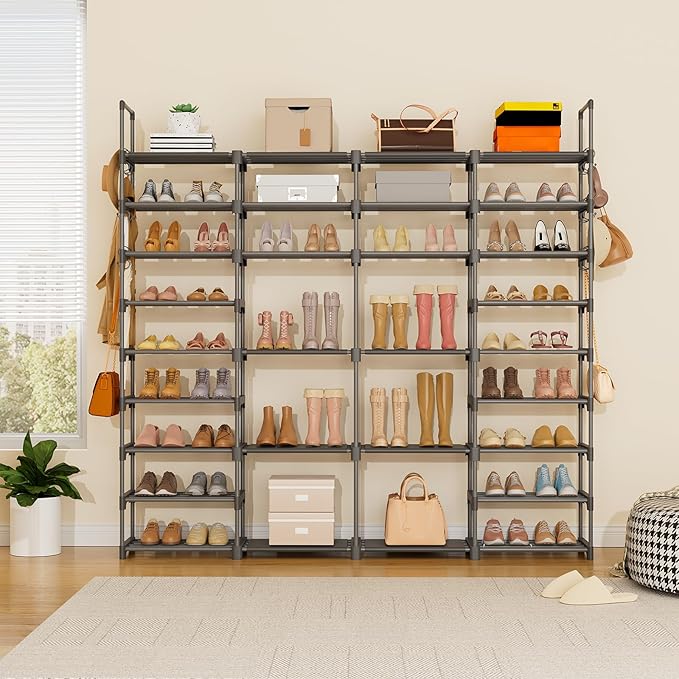 ROJASOP Large Shoe Rack Organizer for Entryway Closet 64-68 Pairs 9-Tier Heavy Duty Tall Garage Shoe Rack Shoe Shelf Shoes Storage with 18 Pcs Removable Side Hooks for Bedroom and Garage Grey-NeatNest