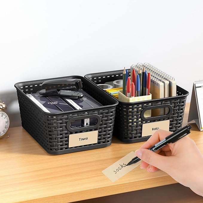 Black Plastic Storage Baskets - Pack of 8 with Labels Stackable Durable Storage Bins, Storage Containers for Organizing Desktops, Closets, Playrooms, Classrooms, Offices-NeatNest
