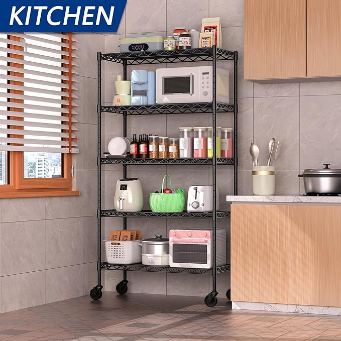 5-Shelf Adjustable Heavy Duty Storage Shelving Unit on 4 Wheel Casters, Metal Organizer Wire Rack for Laundry Bathroom Kitchen Pantry Closet, Black