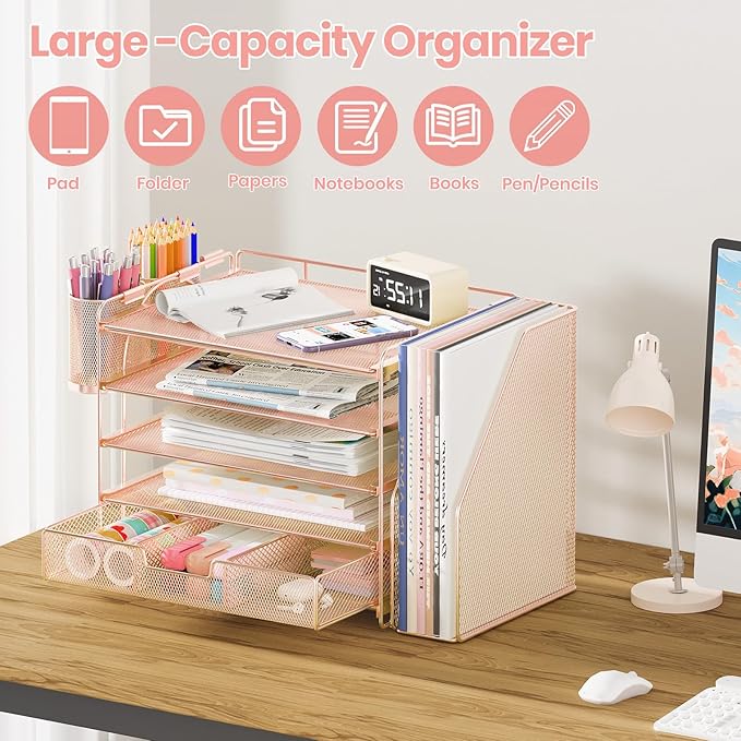 Desk Organizers and Accessories, 5-Tier Paper File Organizer with Drawer & Pen Holder, Office Desk Accessories Workspace Desktop Organizer for Office Supplies (Rose Gold)-NeatNest