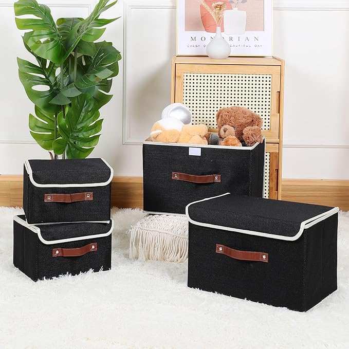ANMINY 2PCS Storage Bins with Lid PU Leather Handles Storage Boxes PP Plastic Board Decorative Foldable Lidded Cotton Linen Fabric Home Cubes Baskets Closet Organizer Containers - Black, Small Size-NeatNest