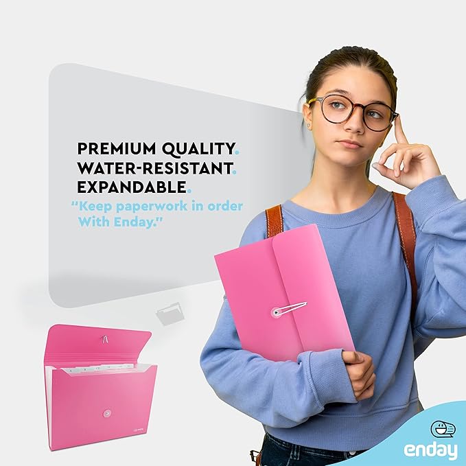 Accordian File Organizer, 7 Pocket Expanding File & Cover Folder with Labels, Plastic Portable Desktop Supplies Letter A4 Paper in Green and Pink (2 Pack) – by Enday