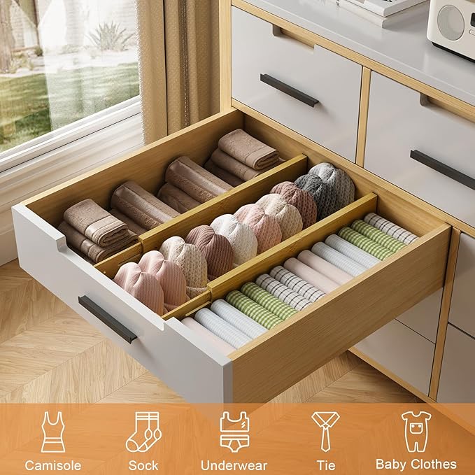 Bamboo Drawer Dividers,17-22" Adjustable Kitchen Drawer Organizer for Clothes,8 Pack Expandable Drawer Organization Separators for Bedroom,Bathroom,Dresser and Office,Natural-NeatNest