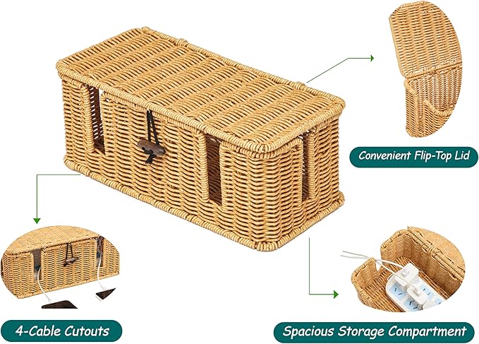 Handwoven Synthetic Rattan Cable Organizer Box with Lid,with 4 Open Slots,Cord Organizer Box Cord Storage Basket for Computer Router USB Hub and Power Strip
