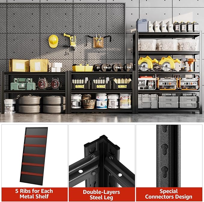 84" H x 47.24" W 5 Tier Metal Garage Shelves, 3000 LBS Adjustable Storage Shelving Unit for Warehouse, Basement, Kitchen, Store Display, Flower Stand, Office, Classroom, 24" D, Black-NeatNest