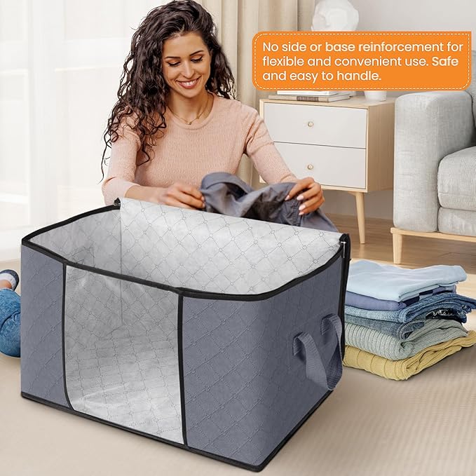Fab totes 90L Clothes Storage, Foldable Thick Fabric Blanket Storage Bags, Containers for Organizing Bedroom, Closet, Clothing, Comforter, Organization with Handle (8 Pack,Grey)-NeatNest