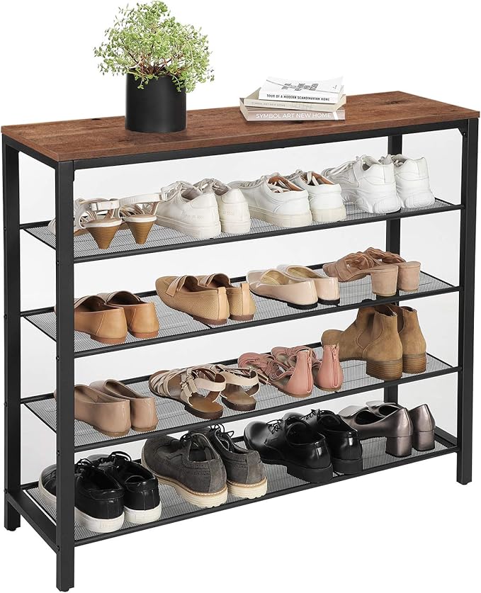 VASAGLE INDESTIC Shoe Rack, Shoe Organizer for Closet with 4 Mesh Shelves and Large Top for Bags, Entryway Hallway Shoe Shelf, Steel Frame, Industrial, Hazelnut Brown and Black ULBS015B03-NeatNest