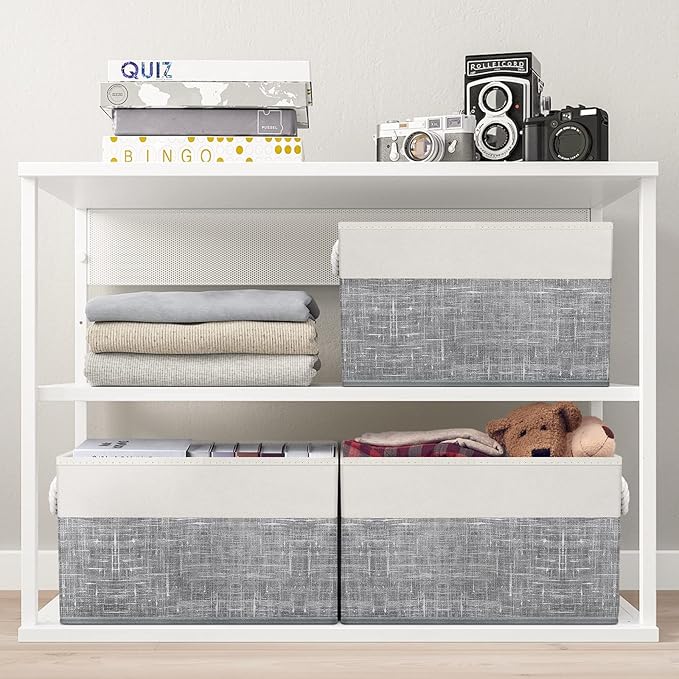 Fab Totes Foldable Storage Baskets - 6-Pack, Organize Toys, Books, Shelves, Closet - Large Storage Box with Rope Handles, Sturdy White & Grey Bins-NeatNest