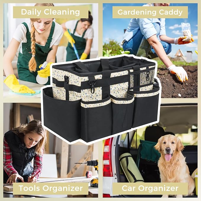 Wearable Cleaning Caddy, Cleaning Caddy Supplies Organizer with Handle & Shoulder Straps for Housekeepers, Under Sink & Car Cleaning Tool Organizers Bag with 4 Foldable Divider (YellowFlower)