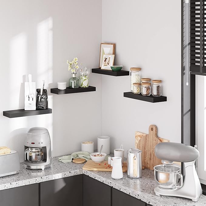 BAMEOS Floating Shelves, Black Wall Mounted Wooden Shelves with Invisible Brackets Set of 2, Hanging Wall Shelves Decoration for Bedroom, Bathroom, Living Room and Kitchen-NeatNest