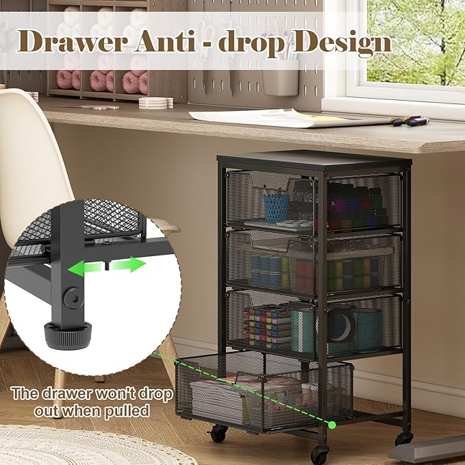 Metal Art and Craft Storage Organization Cart 4-Drawers Utility Rolling Carts With Lockable Wheels&Wooden Tabletop Art-Craft Supplies For Classroom,Office,Make-up,Kitchen,Bedroom,14"L x 11"W x 27.55"H