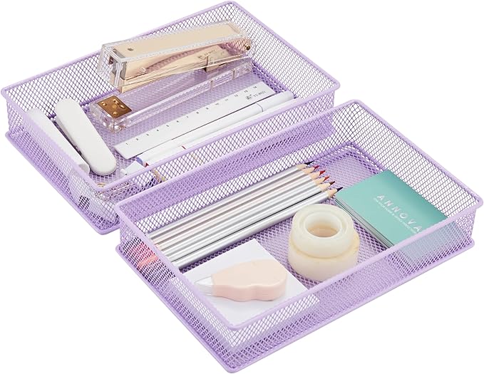 Annova Mesh Stackable Drawer Cabinet and Shelf Organizer Bins Storage Basket School Office Supply Holder Tray- Set of 2 (Light Purple, 6x9x2 Inch)-NeatNest