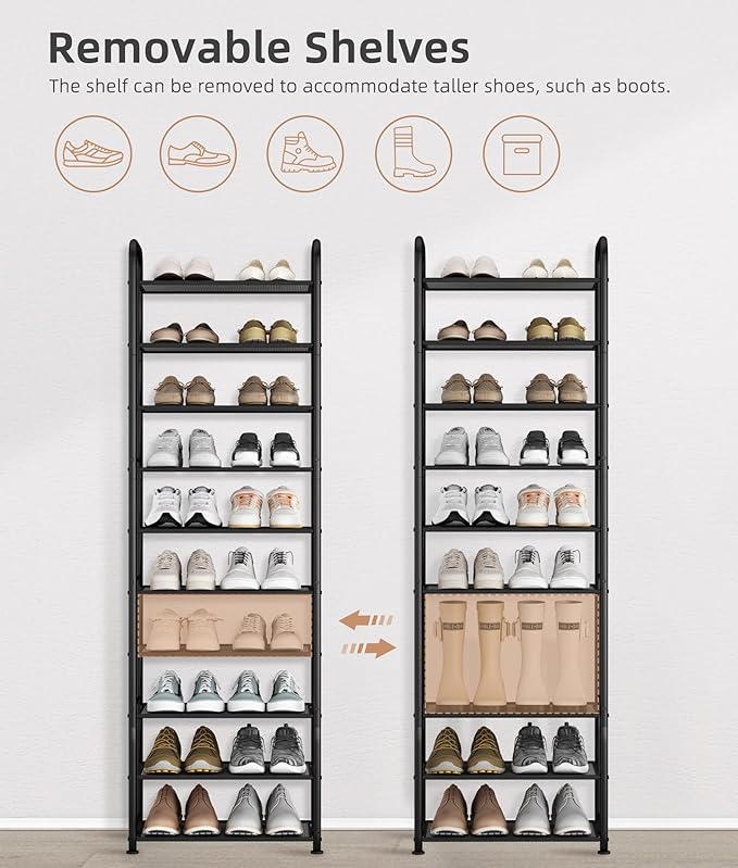 STORAGE MANIAC 10-Tier Tall Shoe Rack, 20 Pairs Narrow Slim Shoe Shelf, Metal Frame Shoes Stand for Small Space, Space-Saving Shoes Organizer, Vertical Shoes Tower for Garage, Entryway, Closet, Dorm-NeatNest