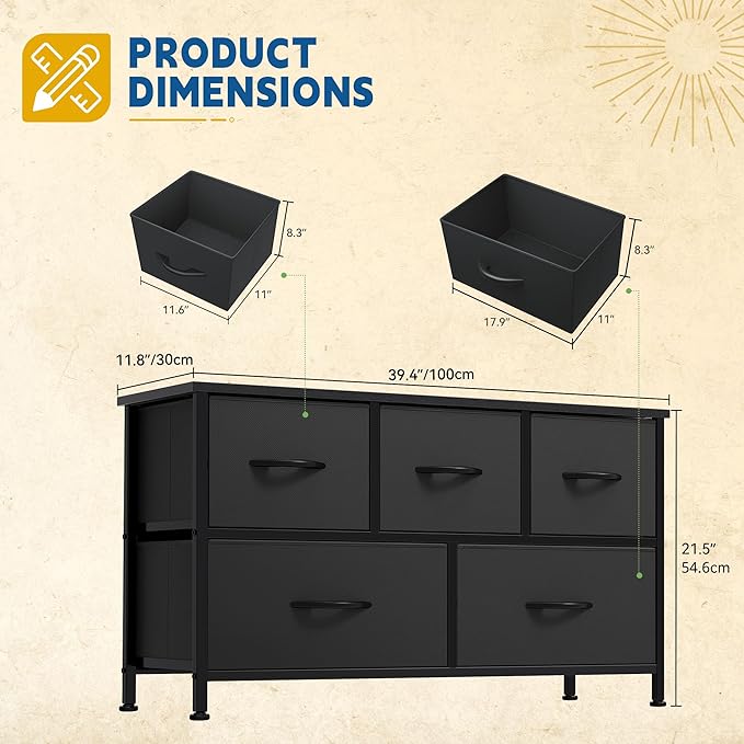 DWVO Dresser with 5 Drawers - Fabric Storage Tower, Organizer Unit for Bedroom, Living Room, Closets - Sturdy Steel Frame, Wooden Top (Black)-NeatNest