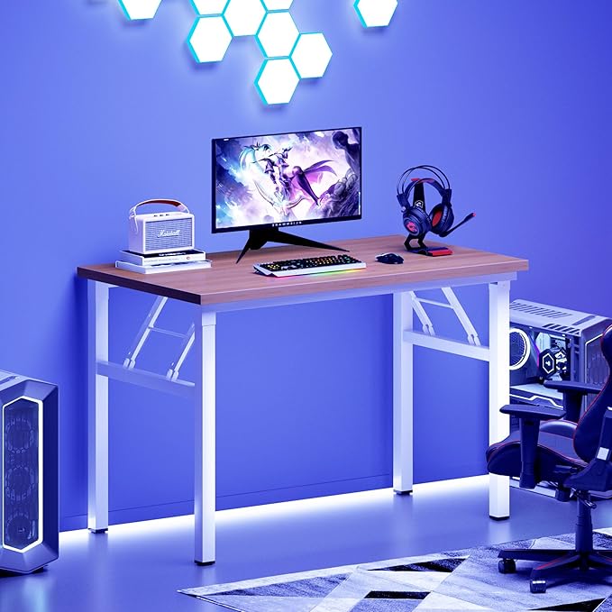 DlandHome Folding Desk - 31.5 Inch Small Computer Desk for Home Office - Folding Table Writing Table for Small Spaces - No Assembly Required - Teak & White Frame-NeatNest
