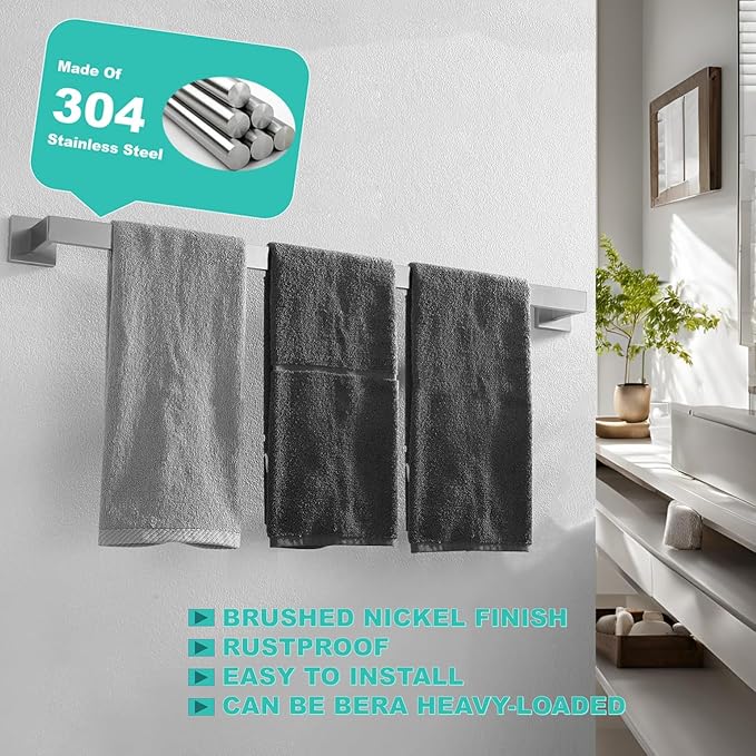 32 Inch Towel Bar for Bathroom 12/16/24/28/32/36 Inch Kitchen Towel Holder Brushed Nickel Towel Rod Wall Mounted SUS304 Rustproof Towel Rack Modern Square Design (1, Brushed Nickel, 32 Inch)