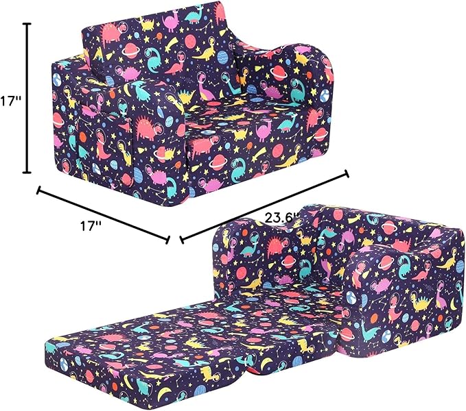 Dinosaur Kids Sofa, 2-in-1 Kids Couch Fold Out, Convertible Sofa to Bed for Girls and Boys-NeatNest